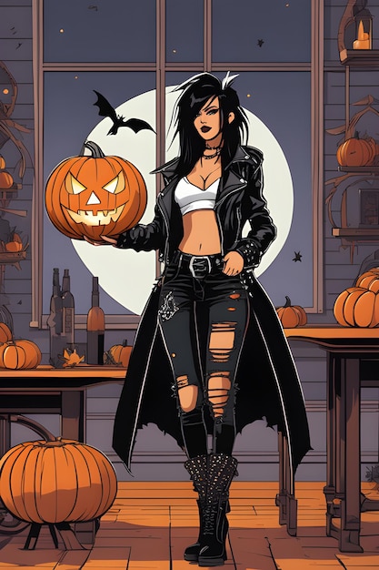 een cartoonvrouw gekleed in een heksenkostuum in punkstijl op een halloween-achtergrond