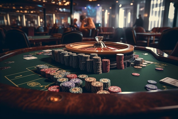 Een casinotafel met fiches en een stapel pokerfiches.
