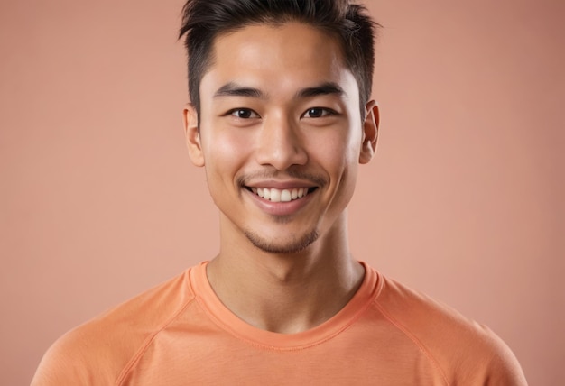 Een casual geklede man in een oranje T-shirt glimlacht naar de camera zijn uitdrukking vriendelijk en