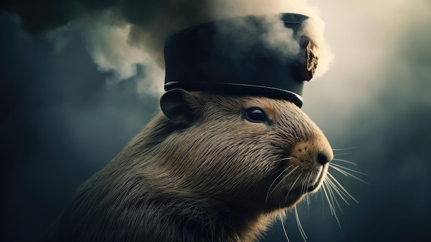 Een cavia met een politiepet staat voor een donkere achtergrond.