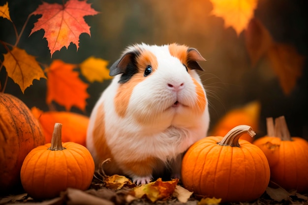 Een cavia zit tussen pompoenen in een herfsttafereel.