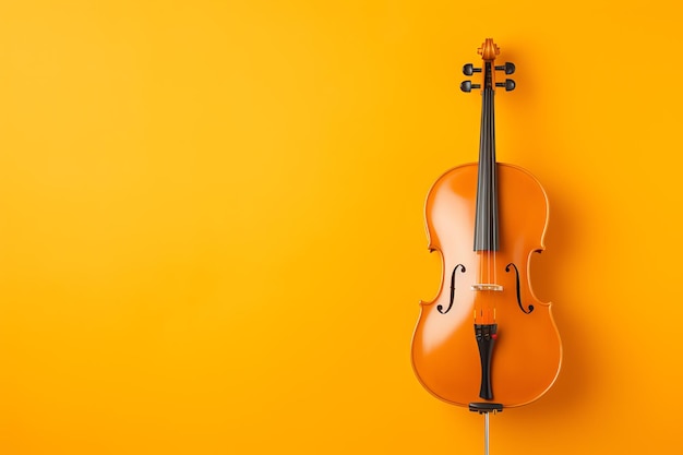 Foto een cello leunend tegen een gele muur