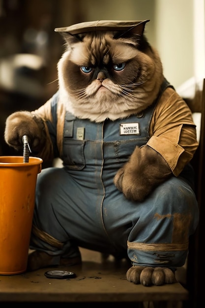 Foto een chagrijnige kat met een bordje waarop 'grumpy cat' staat