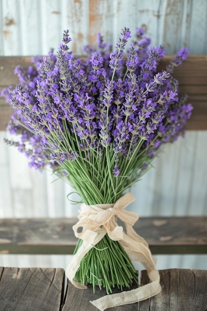 Een charmant arrangement van lavendelstelen, samengebonden met een lint