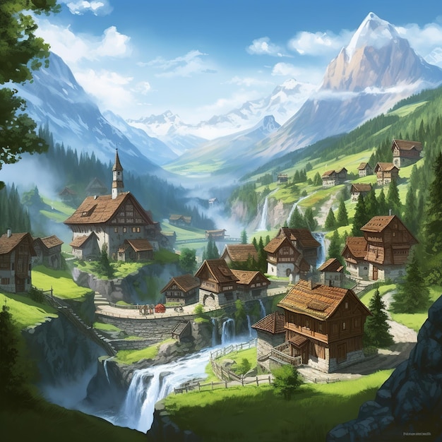 Een charmant dorp gelegen in een valleiillustratie