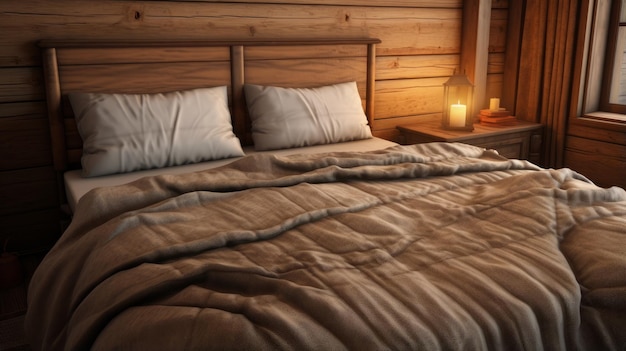 Foto een charmant houten bed met realistische verlichting en organische contouren