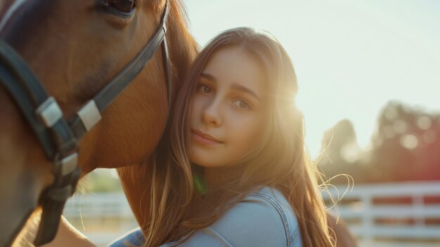 Een charmant jong meisje knuffelt en communiceert met het paard en creëert een psychologische verbinding