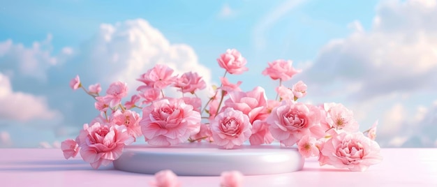 Een charmant roze podium versierd met elegante rozen tegen een zachte blauwe lucht met verspreide wolken ideaal voor het tentoonstellen van producten