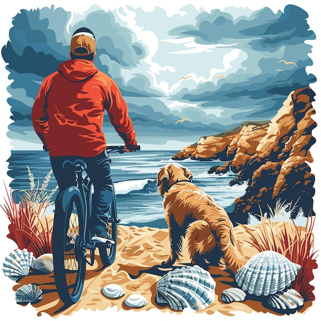 Een charmante afbeelding van een hond en hun eigenaar die samen genieten van een fietstocht langs een schilderachtig kustlandschap
