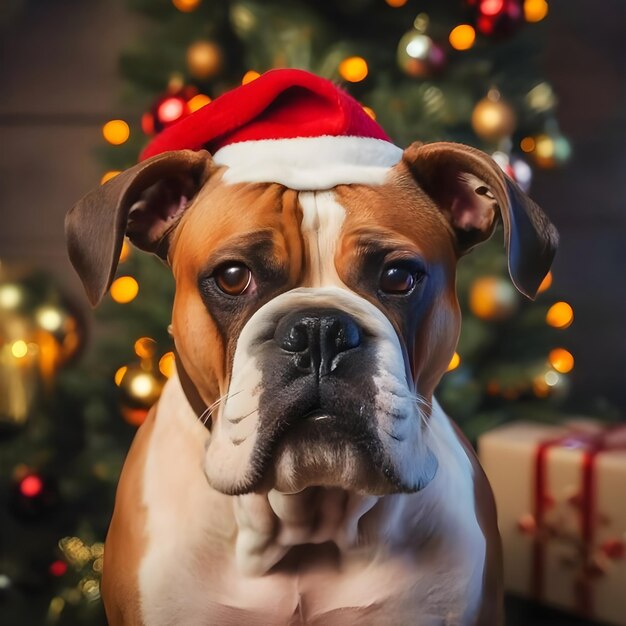 Een charmante Boxer met een kerstmanhoed.