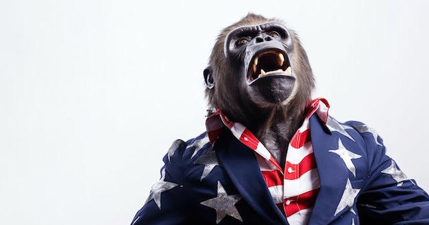 Foto een charmante gorilla viert met een vlag van de vs op onafhankelijkheidsdag op 4 juli amerika vlag witte achtergrond generatieve ai