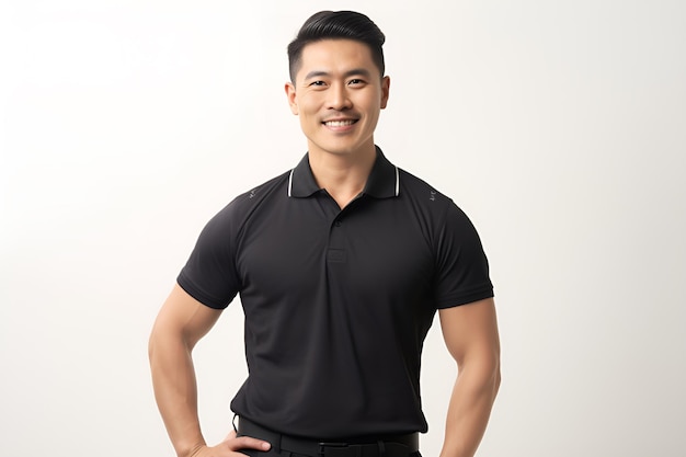 Een charmante knappe Aziatische fitnesscoach die zelfverzekerd glimlacht met gekruiste arm in geïsoleerd poloshirt