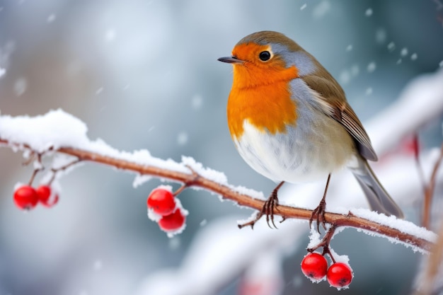 Een charmante robin die op een met sneeuw bedekte tak zit en een vleugje levendig rood toevoegt aan de serene