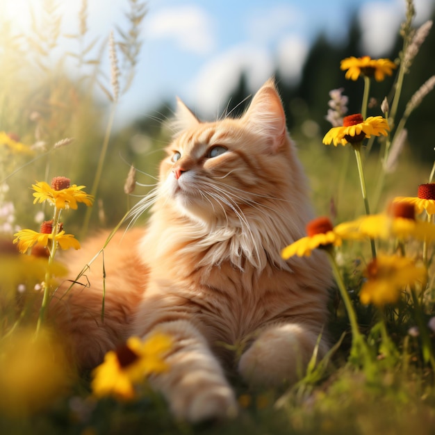 Een charmante rode kat rust tussen de bloemen.