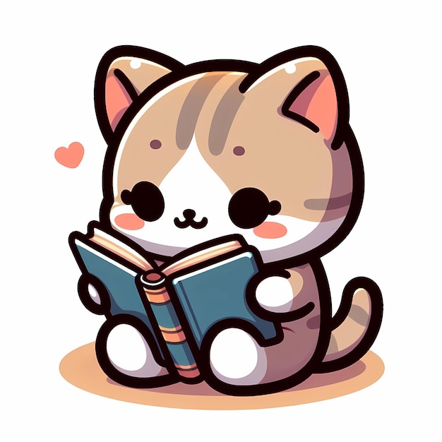 Foto een charmante sticker vektor toont een schattig kitten dat bezig is met het lezen van een boek op witte achtergrond