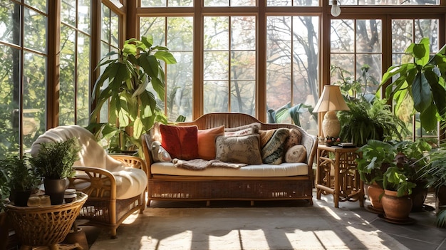 Een charmante zonnebank met rieten meubels, tropische planten en een uitzicht op de botanische tuin.