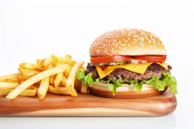 Een cheeseburger en friet op een snijplank generatieve AI