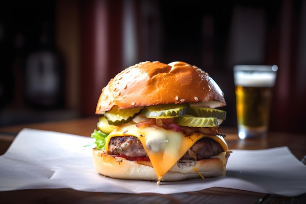 Een cheeseburger met een glas bier op tafel