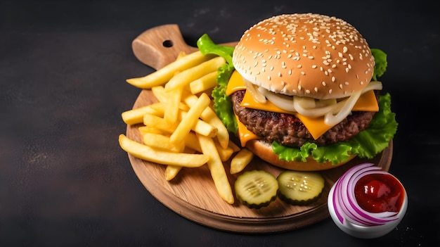 Een cheeseburger met een kant friet op een houten plank