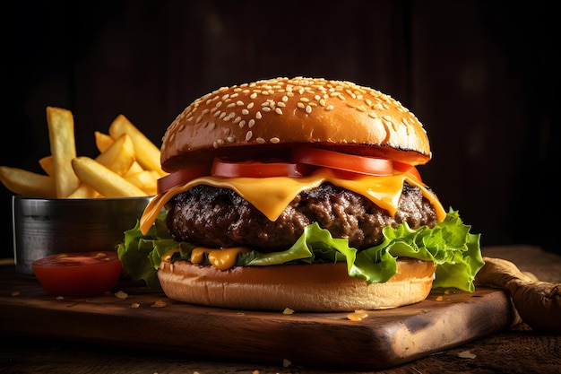 Een cheeseburger met een kant friet op tafel