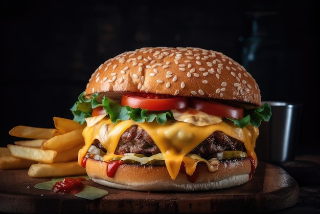 Een cheeseburger met frietjes op een houten bord