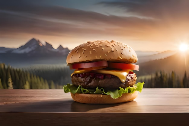 Een cheeseburger met op de achtergrond een bergdecor