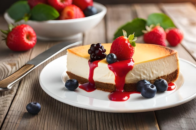 Een cheesecake met bessen erop