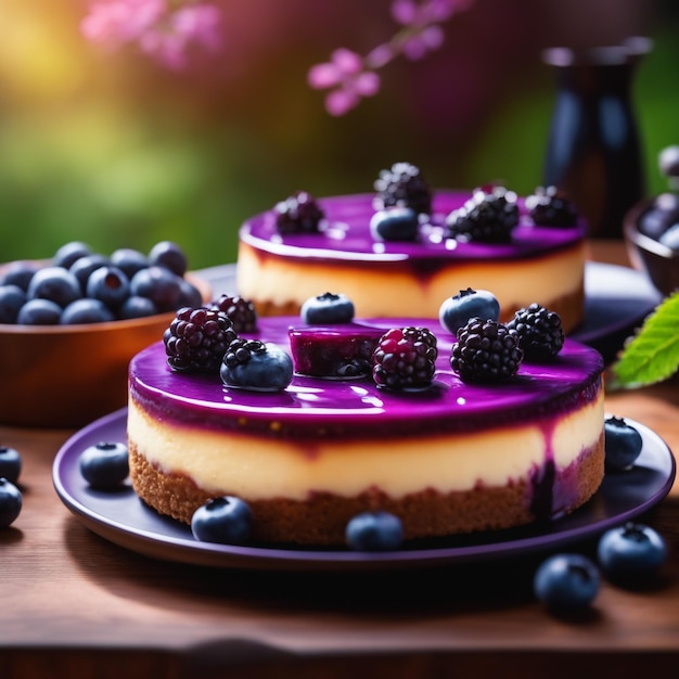 Een cheesecake met bosbes op paars gekleurde natuurlijke achtergrond