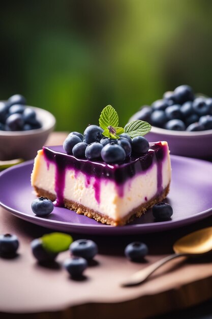 Foto een cheesecake met bosbes op paars gekleurde natuurlijke achtergrond