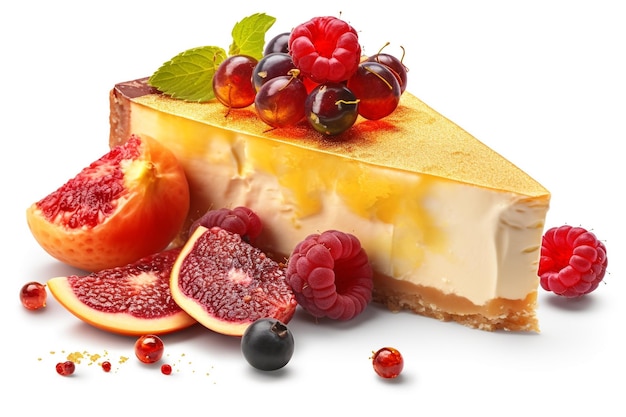 Een cheesecake met daarop een schijfje sinaasappel en bosbessen