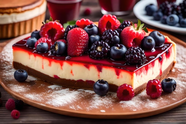 Een cheesecake met frambozen en frambozen op een houten tafel.