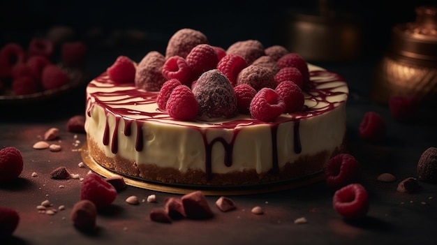 Een cheesecake met frambozen erop