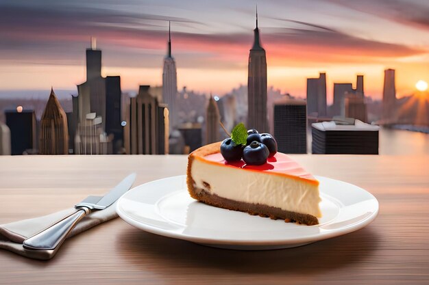 Foto een cheesecake op een bord met een stad op de achtergrond