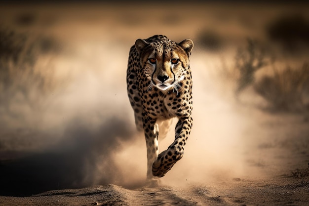 Een cheetah die in de woestijn loopt