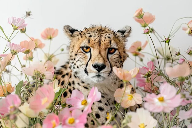 Een cheetah die in een veld van bloemen zit