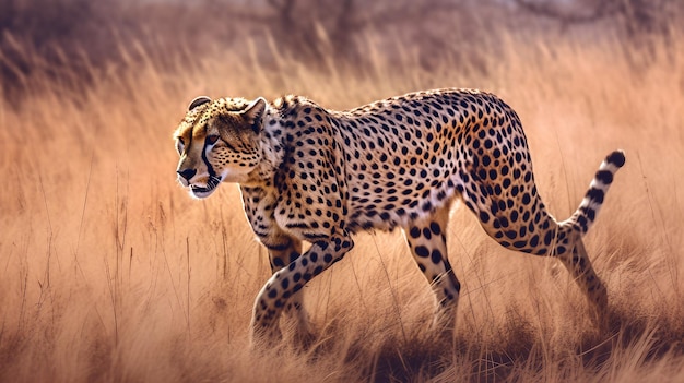 Een cheetah loopt door de generatieve ai-illustratie van bruin grasland