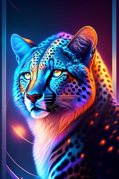 Een cheetah met een blauw en roze gezicht wordt getoond op een kleurrijke poster