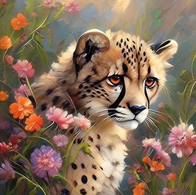 een cheetah met een paarse achtergrond van bloemen en een luipaard.