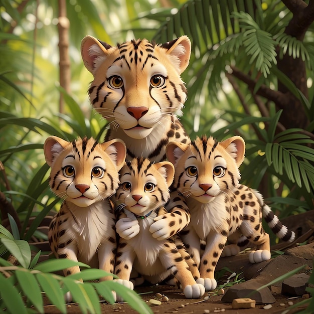 Foto een cheetah-moeder met welpen die in de palmwoud spelen