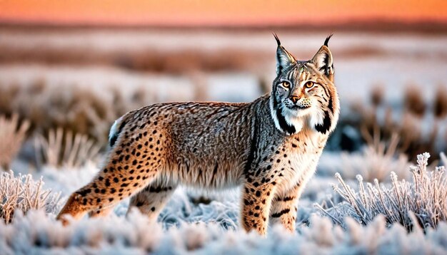 een cheetah staat in de sneeuw met een zonsondergang op de achtergrond