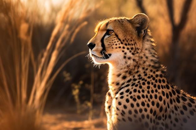 Een cheetah zit in het gras in de zonsondergang.