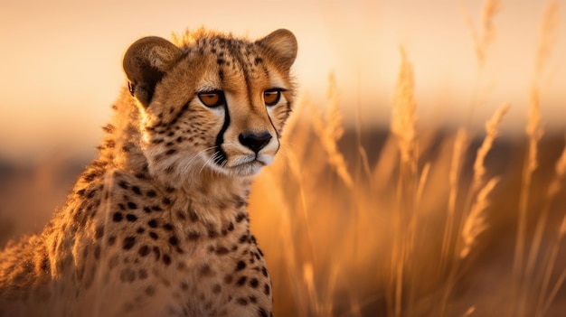 Een cheetah zit in hoog gras.