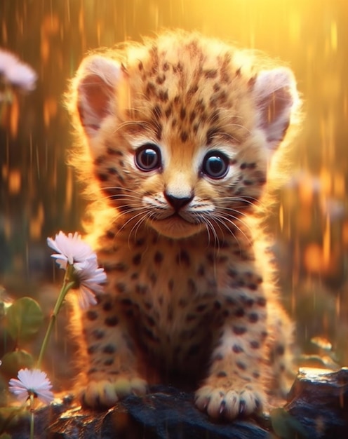 Een cheetahwelp in een bloemenveld