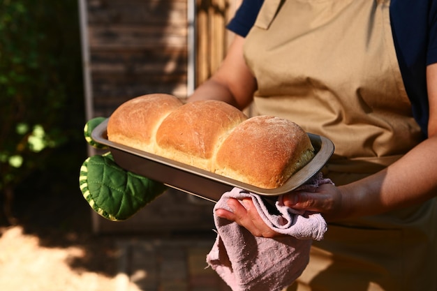 Een chef-gebak in een beige keukenschort met bakblik met warm versgebakken knapperig huisgemaakt volkorenbrood