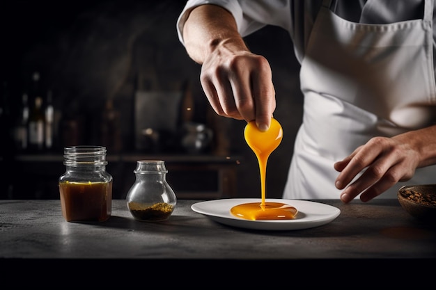 Een chef-kok bereidt een bord eten met een lepel en een potje saus.