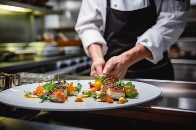 Foto een chef-kok bereidt een gerecht met een mes