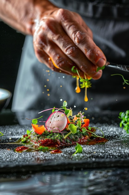 Foto een chef-kok bereidt een gerecht met een versiering van peterselie