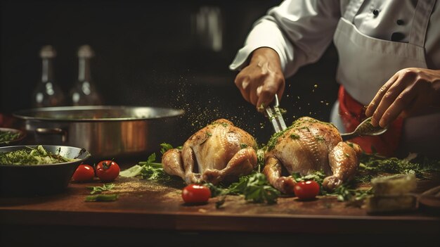 Foto een chef-kok bereidt een heerlijk gerecht met biologische kip en kruiden