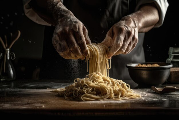 Een chef-kok bereidt een pastagerecht in een donkere kamer.