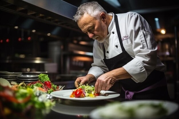 Een chef-kok bereidt een salade voor in een keuken